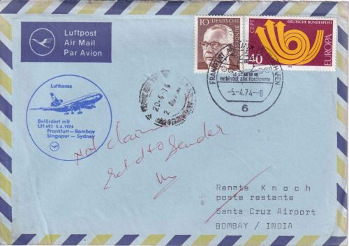 BRD - Lufthansa-Erstflug Frankfurt/Sydney Etappe FFM/Bombay Lupo-Brief 5.4.74