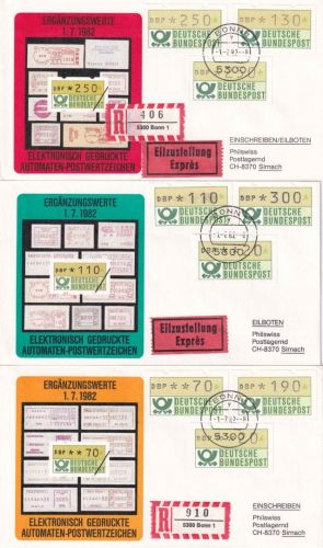 BRD - ATM Ergänzungswerte 3 FDC Bonn 1.7.82 i.d. SCHWEIZ