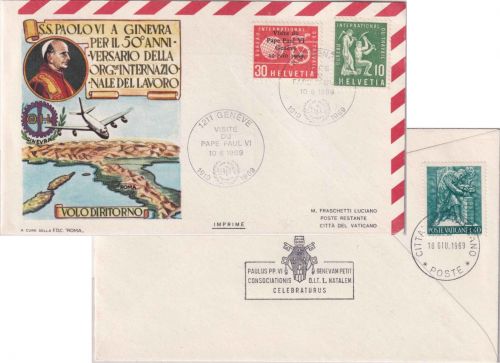 Schweiz/BIT - 30 Rp. Papstbesuch u.a. Schmuck-FDC n. VATIKAN 10.6.1969