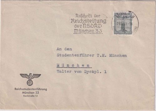 DR - 16 Pfg. Parteidienstmarke Ortsbrief München 1939 Reichsstudentenführung