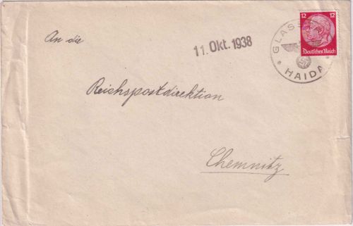 DR - Glasstadt Haida Aush.stempel + L1 11.Okt.1938 Brief n. Chemnitz