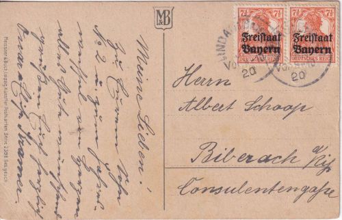 Bayern - 2x7 1/2 Pfg. Germania/Freistaat Karte Lindau - Biberach 1.1.1920