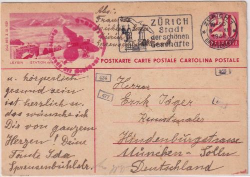 Schweiz - 20 Rp. Bildganzsache (Leysin) Zürich - München 1942 OKW-Zensur