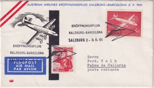 Österreich - AUA-Erstflug Salzburg/Barcelona Luftpostbrief 3.5.1961