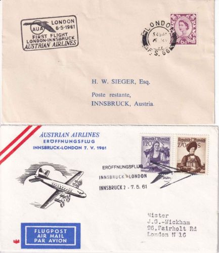 Österreich - AUA-Erstflug Innsbruck/London +retour 2 Luftpostbriefe 6./7..5.1961