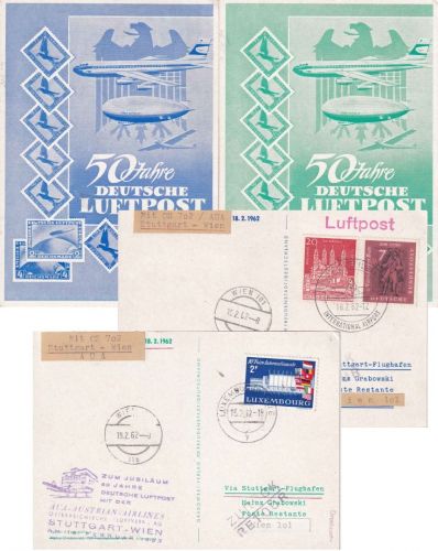 BRD/Luxemburg - AUA-Erstflug Stuttgart/Wien (1x Zuleitung) 2 Lupo-Karten 18.2.62