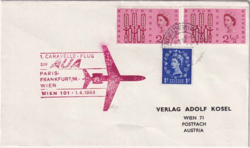 England - AUA-Erstflug London/FFM/Wien Luftpostbrief 1.4.1963