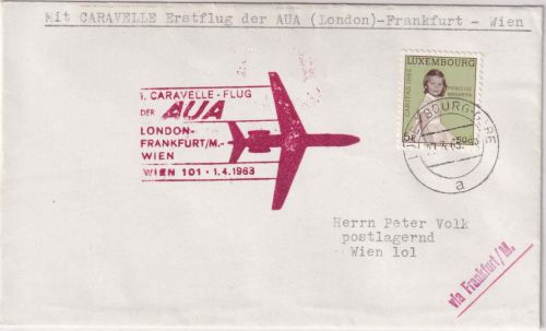 Luxemburg - AUA-Erstflug London/FFM/Wien Zuleitungspost Luftpostbrief 1.4.1963