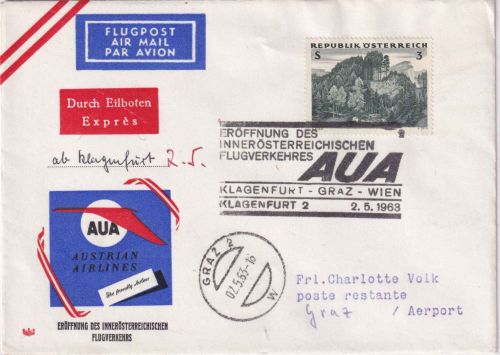Österreich - AUA-Erstflug Klagenfurt/Graz/Wien (Etappe) Lupo-Eilbrief 2.5.1963