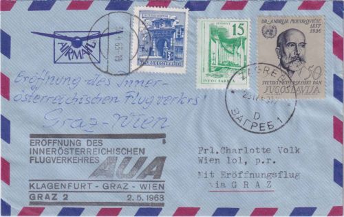 Jugoslawien/Österreich - AUA-Erstflug Graz/Wien Zuleitung Luftpostbrief 2.5.1963