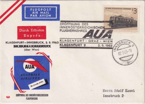 Österreich - AUA-Erstflug Klagenfurt/Innsbruck Lupo-Eilbrief 2.5.1963