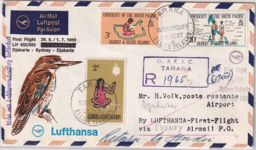 Gilbert & Ellice Islands - Tarawa 1969 Luftpost-Einschreibebrief Zuleitungspost