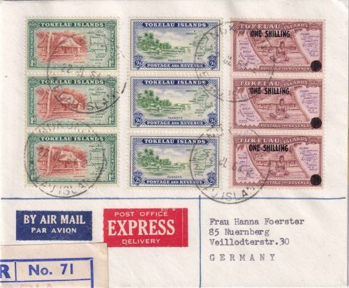 Tokelau Islands 3x1 Sh./ 1/2 P. u.a. Lupo-Express-Einschreibebrief Nukunonu 1964