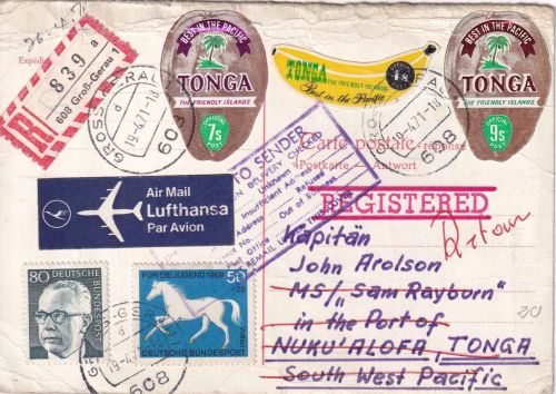 Tonga/BRD - Groß-Gerau 1971 Luftpost-Einschreibekarte Länder-Mischfrankatur !!
