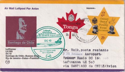 Tonga - 22 S. 100 J. Freundschaftsvertrag u.a. Luftpostbrief Sonderflugpost 1978