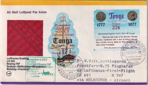 Tonga - 17+22 S. James Cook Reise Luftpostbrief LH-Erstflug Melbourne/FFM 1977