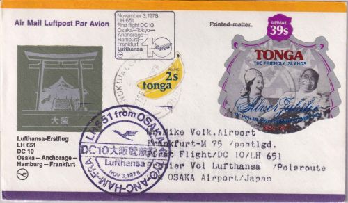 Tonga - 39 S. 25 J. Regentschaft u.a. Luftpostbrief LH-Erstflug Osaka/FFM 1977