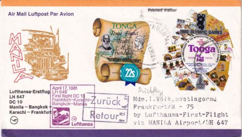 Tonga - 25 S. Olympiade 1980 u.a. Luftpostbrief LH-Erstflug Manila/FFM 1981