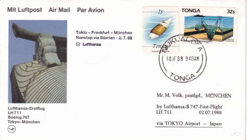 Tonga - 32 S. Meersforschung u.a. Luftpostkarte LH-Erstflug Tokio/München 1988