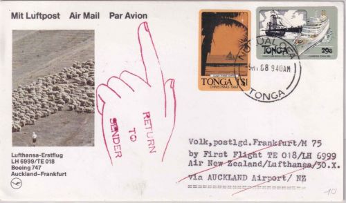 Tonga - 1 Pa. Weihnachten u.a. Luftpostkarte LH-Erstflug Auckland/FFM 1988
