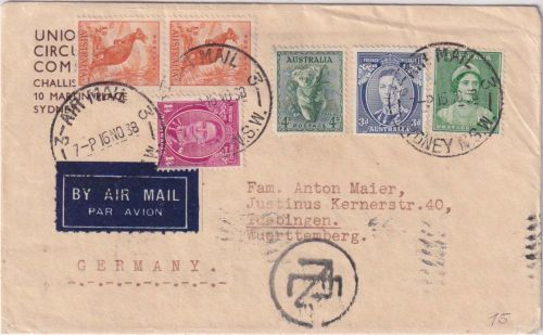 Australien - 1 Sh. 4 P. Georg VI. u.a. Luftpostbrief Sydney - Tübigen 1938
