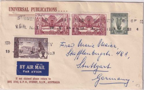 Australien - 2x5 1/2 P. Kriegerdenkmal ua. Luftpostbrief Sydney - Stuttgart 1958