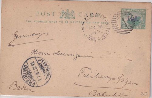 Western Australia - 3 P. Schwaan Ganzsache Albany - Freiburg 1895
