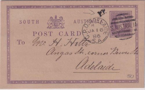 South Australia - 1 P. Victoria Ganzsache m. Zudruck Ortskarte Adelaide 1886