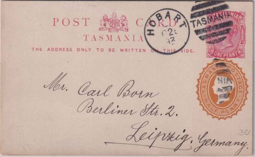 Tasmania - 1+1/2 P. Victoria Ganzsachenkarte Hobart - Leipzig 1893