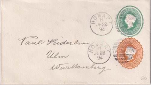 Tasmania - 2+1/2 P. Victoria Ganzsache/Brief Hobart - Ulm 1894