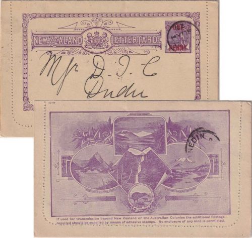Neuseeland - 1 a. 1 1/2 P. Victoria/Überdruck Ganzsache/Kartenbrief Hyde 1902