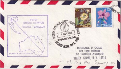 Australien - PanAm Firstflight Sydney/Bangkok Luftpostbrief n Staten Island 1968