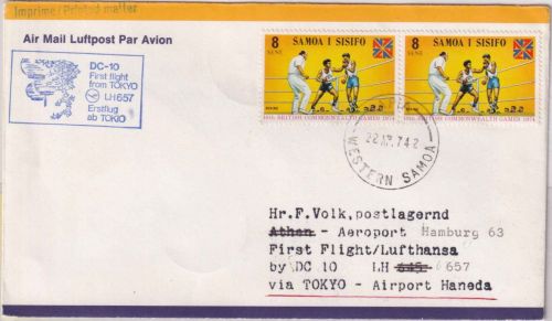 Samoa - 2x8 S. Boxen Luftpostdrucksache LH-Erstflug Zuleitungspost Apia 1974