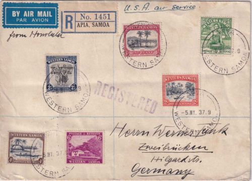 Samoa - Freimarkenausgabe 1935 Teilsatz Lupo-Einschreibebrief Apia 1937