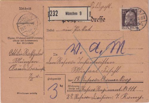 Bayern - 25 Pfg. Luitpold Soldatenpaketkarte (Sondertarif) München 9 - 28.11.14