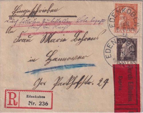 Bayern - 25+30 Pfg. Luitpold Eil-Einschreibebrief Edenkoben - Hannover 1914