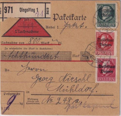 Bayern - 60+10+15 Pfg. Ludwig/Volksstaat Nachnahme-Paketkarte Dingolfing 17.5.19