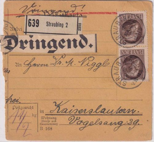 Bayern - 2x1 M. Ludwig Dringend-Paketkarte Straubing 2 - Kaiserslautern 19.3.18