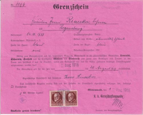Bayern - 2x50 Pfg. Ludwig Grenzschein n. ÖSTERREICH Mittenwald 10.8.18
