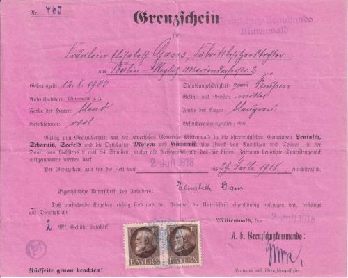 Bayern - 2x1 M. Ludwig Grenzschein n. ÖSTERREICH Mittenwald 2.7.18