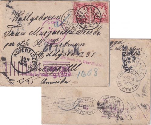 Bayern - 2x10 Pfg. Wappen Brief n. USA München - Chicago 1904 Irrläufer/retour