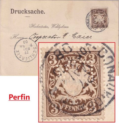 Bayern - 3 Pfg. Wappen Perfin "LA" Drucksachenkarte Donauwörth - Schliersee 1908