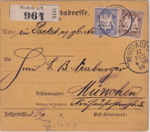 Bayern - 50+20 Pfg. Wappen Paketkarte Neustadt a/A - München 1889