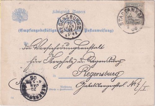 Bayern - 2 Pfg. Wappen Karte/Nachbarortsverkehr Stadtamhof - Regensburg 1906