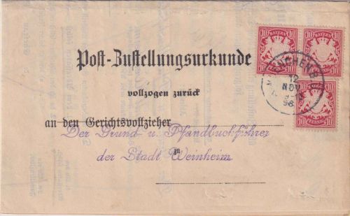 Bayern - 3x10 Pfg. Wappen Post-Zustellurkunde München BÜ - Weinheim 1898