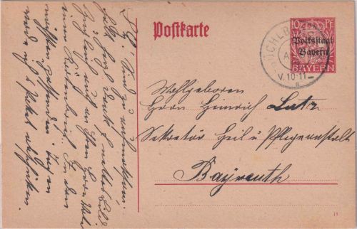 Bayern - Büchlberg 17. AUG 19 Reserve-K2 Ganzsachenkarte n. Bayreuth