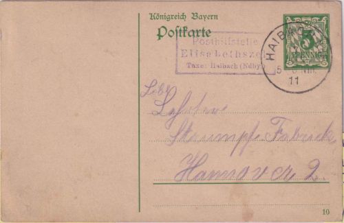 Bayern - Elisabethszell T. Haibach (Nby) Posthilfstellen-Ra3 5 Pfg GA-Karte 1911