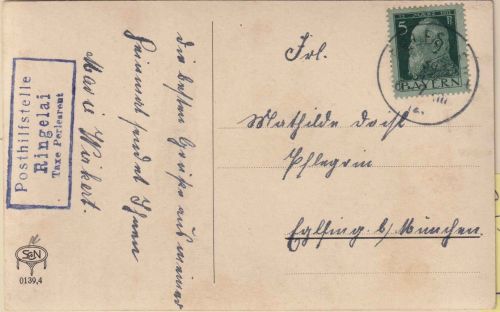 Bayern - Ringelai T. Perlesreut Posthilfstellen-Ra3 5 Pfg Karte n. Eglfing 1912