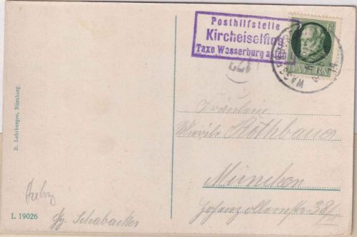 Bayern - Kircheiselfing T. Wasserburg a.I. Posthilfstellen-Ra3 5 Pfg Karte 1914
