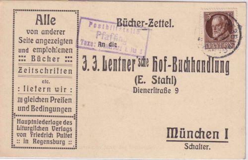 Bayern - Pfaffing T. Wasserburg a.I. Posthilfstellen-Ra3 Bücherzettel 1914
